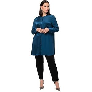 Ulla Popken Satijnen tuniek voor dames, patchlook, opstaande kraag, blouse met lange mouwen, Medium Blauw