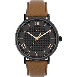 Timex Southview Analoog herenhorloge met leren armband, zwart, riem, zwart., riem