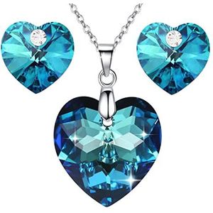 Crystalline Azuria Set met 18 karaat witgoud, kristallen, hart van de oceaan, halsketting met hanger en oorbellen, sieradenset voor dames en meisjes, kristal, Kristal