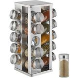 Relaxdays Kruidendraaier met 20 potten, 360° draaibaar rek, roestvrij staal, glas, h x d 33 x 20 cm, organizer, zilver