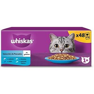 WHISKAS Voedsel voor katten – 48 versheidszakjes (2 verpakkingen van 24 x 85 g) – favoriete vissen (4 soorten) – voer voor volwassen katten in gelei. Complete natvoer, ook geschikt voor