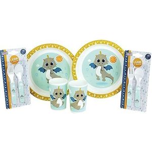 LEON LE DRAGON set kinderservies met 2 glazen 220 ml, 2 sets deksels, hoogte 13,5 cm en 2 borden Ø 22 cm