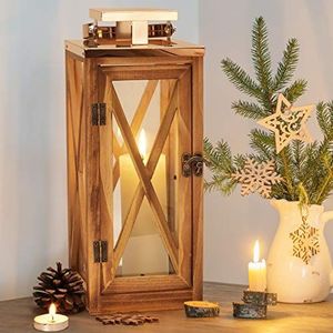 XRKITE Decoratieve houten lantaarn met roestvrijstalen bovenkant en glas, voor binnen en buiten, huis, tuin, bruiloft