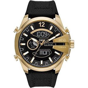 Diesel Mega Chief horloge voor heren, Ana-Digi uurwerk met siliconen, roestvrij stalen lederen band, Goudkleurig in zwart, armband