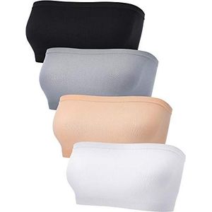 Set van 4 strapless bandeau-bh voor dames, naadloos, niet gevoerd, rekbaar, zwart, wit, huidskleur, grijs, S, Zwart, wit, huidskleur, grijs
