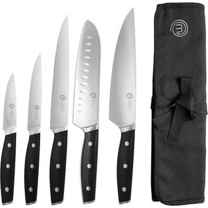 MasterChef Keukenmessenset met deksel, roestvrij staal, koksmessenset, Santoku, groenten en meer, multifunctioneel, 5-delig, zilver, hoog carbon