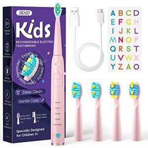 Seago Elektrische tandenborstel voor kinderen vanaf 3 jaar, oplaadbaar, extra zachte borstelharen, 5 reinigingsmodi voor tandverzorging, doe-het-zelf sticker (roze)