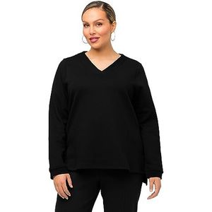 Ulla Popken Sweat-shirt à manches longues pour femme, imprimé en caoutchouc noir, col en V, Noir, 52-54 grande taille