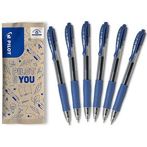 Pilot G2 Gel roller, intrekbaar, navulbaar, gel inkt rollerbal pen, van gerecycled kunststof, blauw, medium punt, 5 stuks