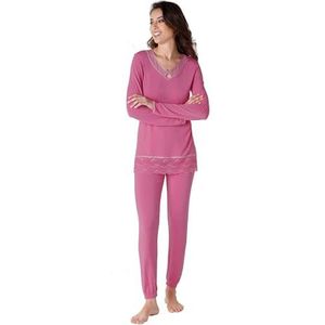 LOVABLE Long Col en V Modal avec Dentelle Ensemble de Pyjama Femme, Rose orchidée, S