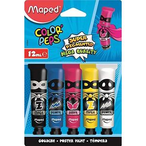 Maped - Gouache-verf voor kinderen - 5 intense kleuren - Gemakkelijk te openen - Schroefdop - Primaire kleuren - 5 tubes à 12 ml, cyaan, magenta, geel, zwart en wit