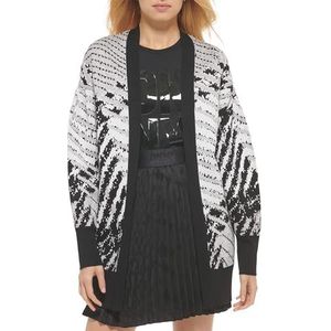 DKNY Off-shoulder geruit vest open voorkant cardigan sweater dames, zwart/ivoor/grijs gemêleerd
