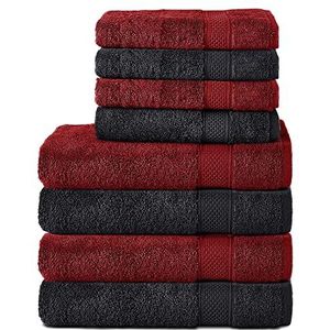 Komfortec Set van 8 handdoeken, 100% katoen, 470 g/m², 4 badhanddoeken 70 x 140 cm en 4 handdoeken 50 x 100 cm, zachte badstof, groot formaat, zwart/Aurora-rood