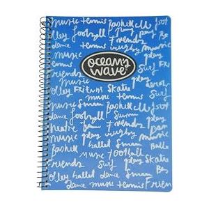 Ocean's Wave Set van 4 A5 schoolschriften met harde kaft, vellen in folioformaat met 80 vellen, 90 g, A5 notitieboek met 4 x 4 raster, rand en zwarte metalen spiraalbinding, blauw