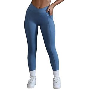 Little Hand Sportlegging voor dames, yoga, fitness, gym, pilates, hoge taille, compressiebroek, leggings, yogabroek voor dames, F-blauw