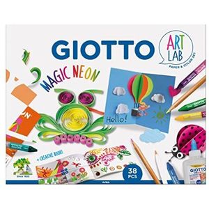 GIOTTO - Art Lab: Magic Neon - Creatieve collageset - 1 blok gekleurd Canson papier + 12 Giotto Wax Bicolor potloden + 1 Giotto Collage lijm + 4 Giotto Di Natura Fluo potloden + 1 schaar