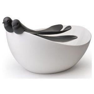 Qualy - slabak met vogeltjes bestek - Sparrow Salad Bowl & cutlery, Black