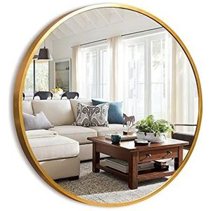 NeuType 40,6 cm ronde spiegel met metalen frame, decoratieve wandspiegel voor entree, woonkamer, slaapkamer, badkamer, modern huis (goud)