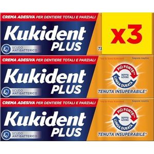 Kukident Plus Crème adhésive double action 35 g pour dents totaux et partiels saveur menthe légère. 3 paquets