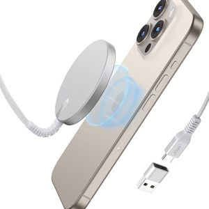 ESR HaloLock Mini-draadloze oplader, compatibel met MagSafe voor iPhone 15/15 Plus/15 Pro/15 Pro Max/14/13/12-serie, sterke magneetsluiting, versterkte nylon kabel, zilver