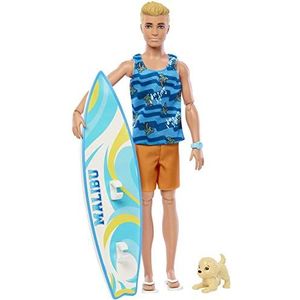 Barbie Surf Ken Pop Ken Blonde scharnier, surfplank, puppy, accessoires, speelgoed voor kinderen, vanaf 3 jaar, HPT50