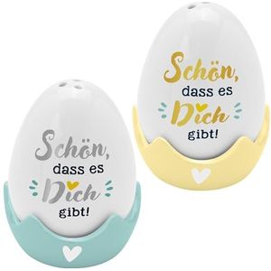 GRUSS & CO 48583 Set van 4 eierdopjes met zout- en pepervaatje in eivorm en 2 eierdopjes, geschenkdoos, paasnest, paasdecoratie