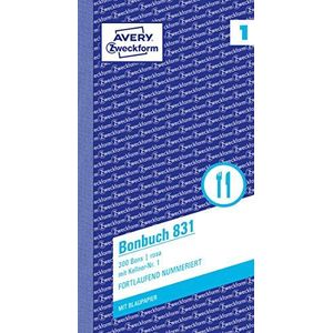 AVERY Zweckform 831 bonusboek (105 x 198 mm, 300 waardebonnen met server nr. 1, met een blauw vel papier en elk een stempel, 1 blok met 300 stuks, ideaal voor gastronomiebenodigdheden) roze/wit