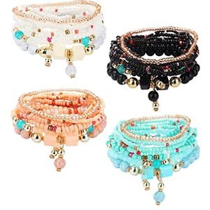 YADOCA 4-6 sets kralenarmbanden, stapelbaar, bohemian, voor vrouwen en meisjes, stretch, banden, Boheemse stijl, stretch, meerlaagse armband, set sieraden, meerkleurig, Elastisch, legering, acryl