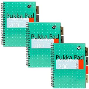 Pukka Pad, B5 Projectboekje met 5 thema's en verwijderbare tabbladen, 200 pagina's 80 g/m² papier, 8 mm gelinieerd, geperforeerde randen, metallic groen, 25 x 19 cm, 3 stuks