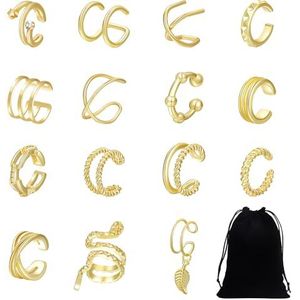 15 stuks gouden clip-oorbellen met 1 opbergtas voor dames, kraakbeenoorbellen, doorboorde oorbellen, opgerolde oorbellen (goud), leer, Leder