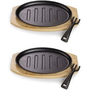 ECHTWERK Serveerpan van gietijzer met grillband en serveerschaal, afneembare handgreep, geschikt voor oven, barbecue, inductie, Ø 26 x 16,7 cm, 2 stuks