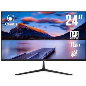 Atlantis 24 inch monitor, 24 inch IPS 75Hz, Full HD 1920 x 1080, VGA HDMI DP, MULTIMEDIAL, FreeSync, audio-/hoofdtelefoonuitgang, kanteling, 5 ms reactie, contrast 1000:1, hoek 178/178, HDMI-kabel 1,5