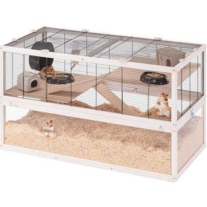 Ferplast DOMSTER Hamsterkooi, 3 niveaus, met accessoires, platforms en ladders, gelakt metaal en FSC-hout, transparante basis, 100 x 50 x 61 cm