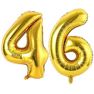 Ponmoo Luchtballon met cijfer 46/64, goud, 0, 1, 2, 3, 4, 5, 6, 7, 8, 9, 10, 20, 30, 40, 50, 60, 70, 80, 90, 100, ballonnen voor verjaardag, cijfers, nummer 64/46, goudkleurig