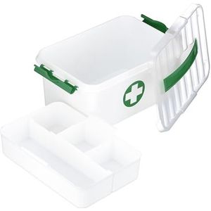 Relaxdays Medicijnbox, 5 vakken, EHBO-doos voor thuisapotheek, kunststof, 14,5 x 30 x 20 cm (h x b x d), wit/groen