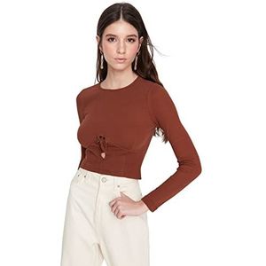 Trendyol Chemisier basique à col rond en tricot pour femme Coupe ajustée, marron, M