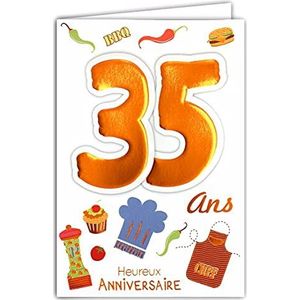 Age Mv 69-2030 verjaardagskaart, 35 jaar, motief: keuken, grill, hamburger, cake, bakken, koord, blauw, Meerkleurig