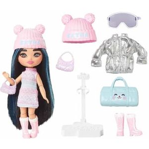 Barbie HPB20 Kleine mini-pop, extra cool, met winteroutfit, pastelkleurige bedrukte jurk en zilveren donsjack, 14 cm, accessoires inbegrepen, speelgoed voor kinderen, vanaf 3 jaar, HPB20