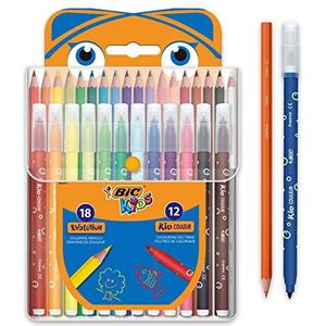 BIC Kleurset voor kinderen, doos met 30 kleurproducten, 18 potloden en 12 viltstiften in praktische kunststof etui