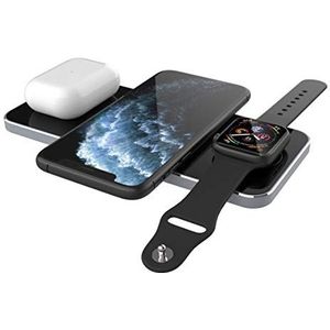 Prestigio Revolt A5 Qi 3-in-1 draadloze oplader voor iPhone, Apple Watch, AirPods, inductieve smartphone-oplader, 10 W, zilverkleurig