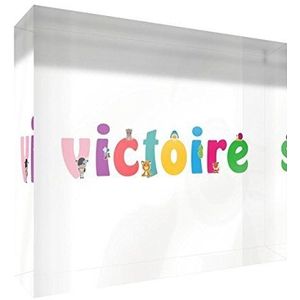 Little Helper Decoratief souvenir, acryl, transparant, gepolijst als diamant, illustratieve stijl, kleurrijk, met de naam van het jonge meisje Victoire 14,8 x 21 x 2 cm, groot