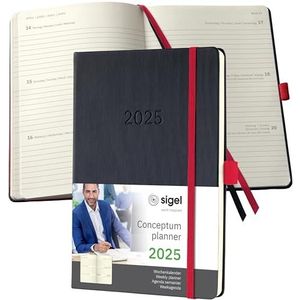 SIGEL Conceptum C2508 Agenda semainier 2025, env. A5, noir, rouge, couverture rigide, 192 pages, élastique, passant pour stylo, pochette d'archives, certifié PEFC, Conceptum