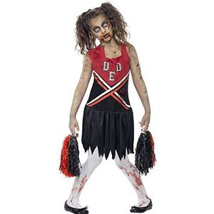 Smiffys Zombie cheerleaderkostuum, rood en zwart, met jurk met bloed bevlekte jurk en poms, kostuum, kinderen, pompon, meisjes, 43023M, rood/zwart, 7-9 jaar
