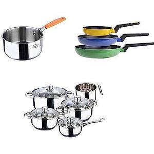 Batterie de cuisine : casserole sans couvercle 16 (1,4 L), casseroles avec couvercle : 18 (2 L), 20 (2,9 L), 24 (5,1 L) et lait 14 cm (1,9 L), acier inoxydable + 3 poêles alumInio 18/22 et 26 +