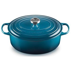 Le Creuset Signature 21178316422430 stoofpan van geëmailleerd gietijzer, met deksel, ovaal, 31 cm, 6,3 l, Deep Teal (groenblauw)