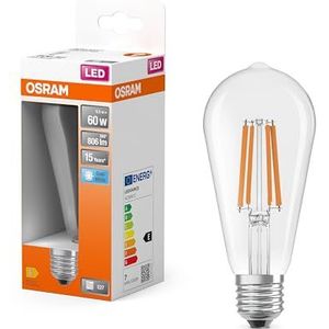 OSRAM LED Star Globe LED-lamp in klassieke Edison-koelvorm, 6,5 W/806 lm, 4000 K voor koud licht, CRI 80, helder lichtvrij, glas, E27-fitting, IP20, EEK E, 64 mm diameter.