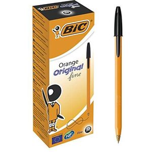 BIC Orange Original Fine Ballpoint Pens, Black Writing Pens Ideal for School, Fine Point (0.8mm), Pack of 20