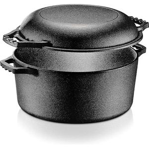 Nutrichef Multikoker van gietijzer, gietijzer, inductie, dubbele pan, voorgekruid, antiaanbaklaag, met deksel en handvat, kookpan, kookgerei voor oven, fornuis en grill