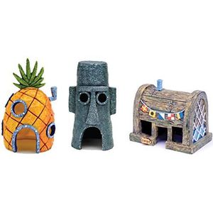 Penn-Plax SpongeBob Squarepants Set van 3 officieel gelicentieerde aquariumdecoraties - Spongebob Ananas Huis, Squidward Paaseiland Huis en Krusty Krab