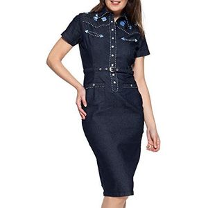 Queen Kerosin Dames-jeansjurk Western Chic zonder kraag korte mouwen getailleerde pasvorm geborduurd en gewatteerd, Donkerblauw